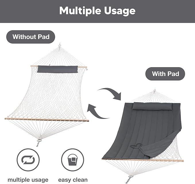 SUNCREAT Hammocks 2 Person Hammock with Hardwood Spreader Bar Double Rope Hammock with Polyester Pad Dark Gray