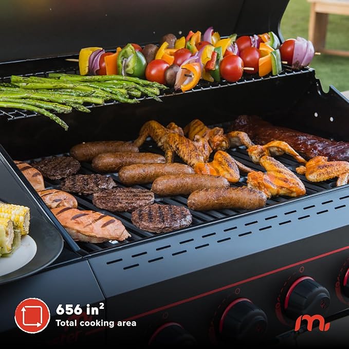 Megamaster 5-Burner Propane Gas Grill with Side Tables Accessory Hooks 50000 BTUs 656 SQ. In. Cooking Space 2 Wheel Transport Outdoor Kitchen Grill for BBQs Backyards and More - 720-0982