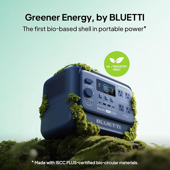 BLUETTI Elite 100 V2 (Bio-based) Portable Power Station 1024Wh LFP Battery Backup w/ 4 1800W AC Outlets (3600W Surge) 35% Smaller ISCC PLUS Certified Eco-Shell Solar Generator for Camping Outages