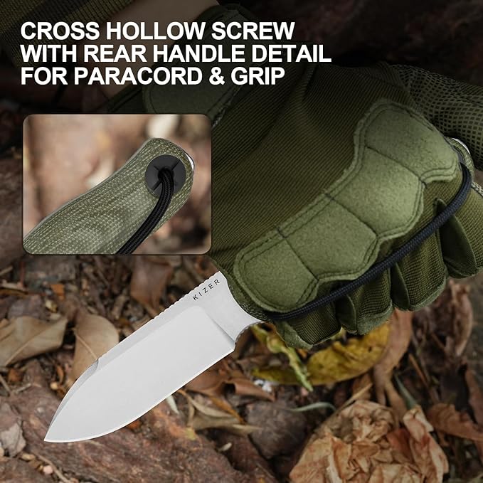 Kizer Drop Bear Fix 3 Fixed Blade Knife 3.8 14C28N Blade EDC Camping Knife with Green Micarta Handle Small Hunting Knives with Sheath Outdoor Survival Knives with Pocket Clip and Lanyard 1101A2