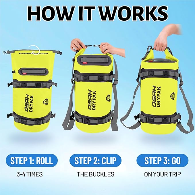 OSAH DRYPAK 25L Waterproof Dry Bag - Motorcycle Luggage Tail Bag with Straps for Back Seat Roll Top Lightweight Waterproof Backpack Sack for Travel Swimming Boating Kayaking Camping and Beach