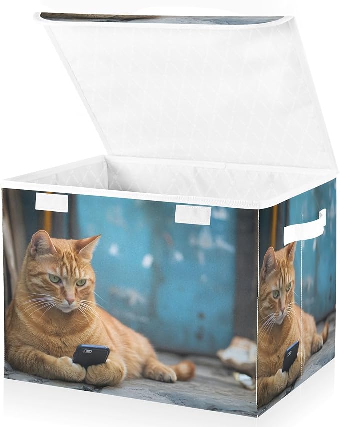 Storage Cube with Lid Cat with Phone Print 16.5×12.6×11.8 IN Collapsible Large Capacity Foldable Storage Basket Bin Organizer