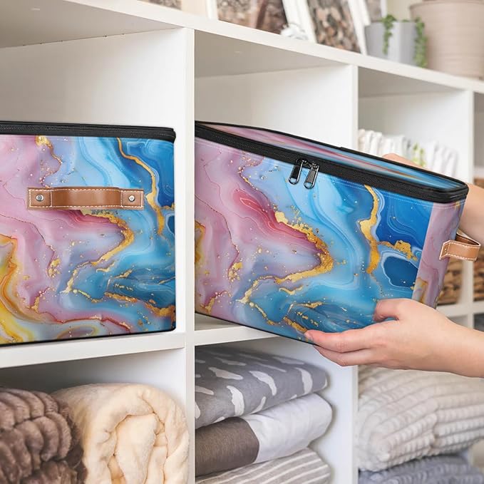 Storage Bins with Lids Attractive Marble Pattern Storage Basket Clothes Organizer with Handles Closet Storage Containers for Clothing Bedding Blanket