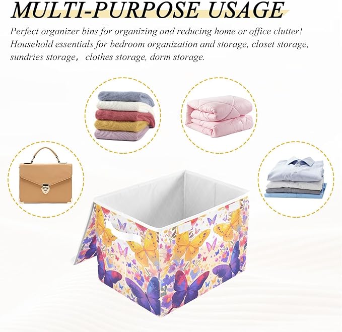 Bright Butterfly Lidded Storage Bins with Handles - 16.5x12.6x11.8 Foldable Organizing Box Oxford Fabric &amp Honeycomb Board Dust-Proof Flip Lid for Closet/Office