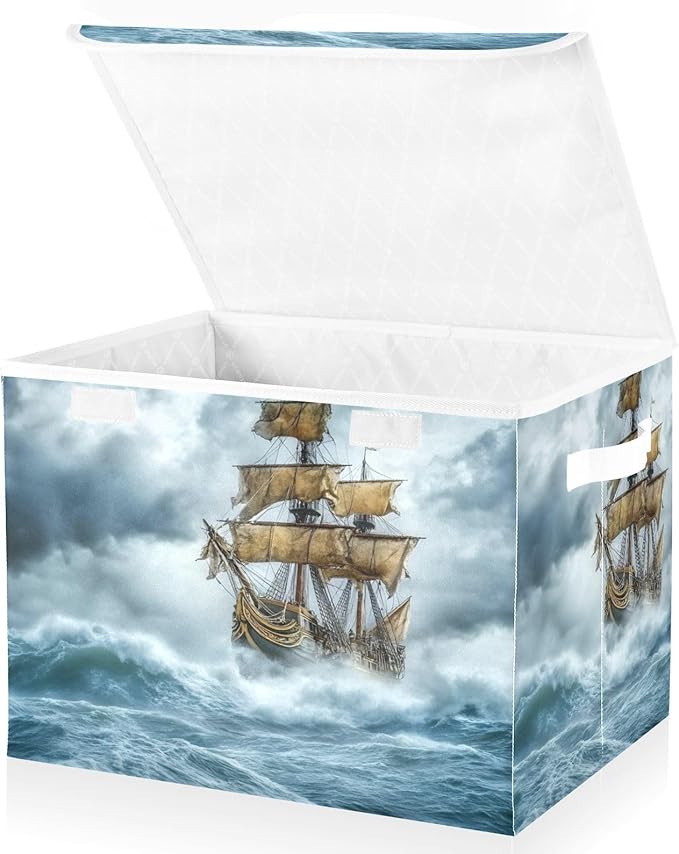 Sea Ship Storm Large Linen Storage Bins with Lid &amp Handle Foldable Storage Cubes Organizer Box Basket with Flip-Top Lid for Home Office 16.5” x 12.6” x 11.8”