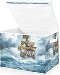 Sea Ship Storm Large Linen Storage Bins with Lid &amp Handle Foldable Storage Cubes Organizer Box Basket with Flip-Top Lid for Home Office 16.5” x 12.6” x 11.8”