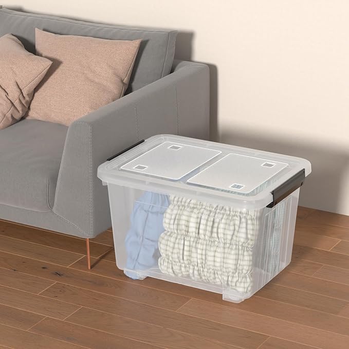 50 Quart Large Plastic Latching Box with Lid Clear Storage Bin with Wheels Stackable 4 Packs