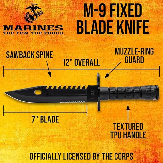USMC Fixed Blade M9 Knife and Sheath | Officially Licensed 12 Stainless Steel Blade with Non-Reflective Finish | Sawback Spine | TPU Handle | Includes Nylon Sheath | Overall Length 12