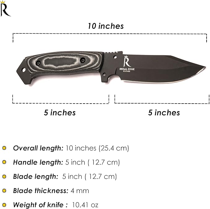 Fixed Blade Knife 10” Hunting Knife With Built-in Military Compass And Leather Sheath - G10 Handle Survival knives for Camping Hiking and Outdoor Use