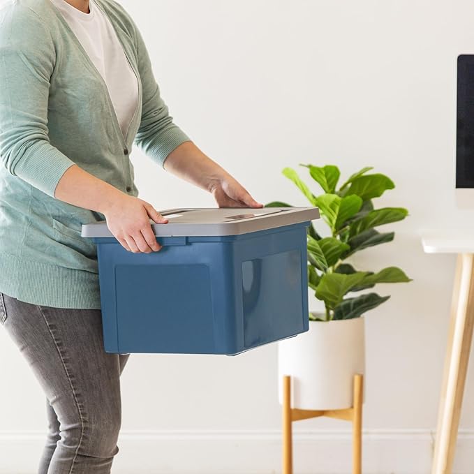 IRIS USA File Box Plastic File Organizer for Letter/Legal File Document Box Durable Storage Bin Tote with Secure Latching Lid Stackable BPA-Free Eco Friendly Sustainable Navy/Gray 35 Qt. 4 Pack
