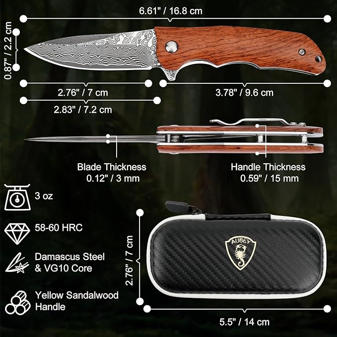 AUBEY Damascus Folding Knife with Wooden Handle