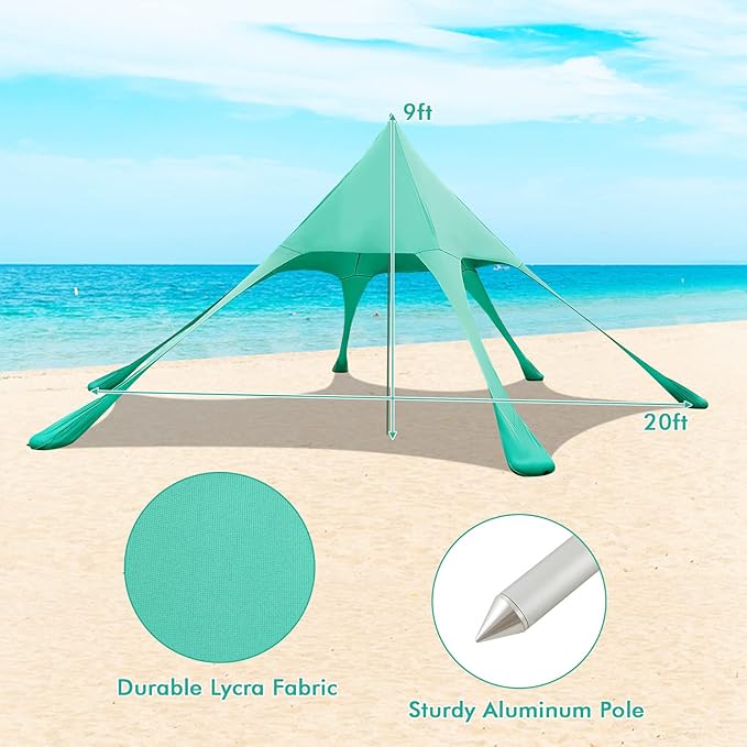 HAPPYGRILL Beach Canopy Sun Shelter with Aluminum Pole 20 FT x 20 FT UPF 50+ Pop Up Tent with Sandbag Tent Pegs Sand Shovel Carry Bag Portable Outdoor Sunshade for Camping Sport Events Picnic