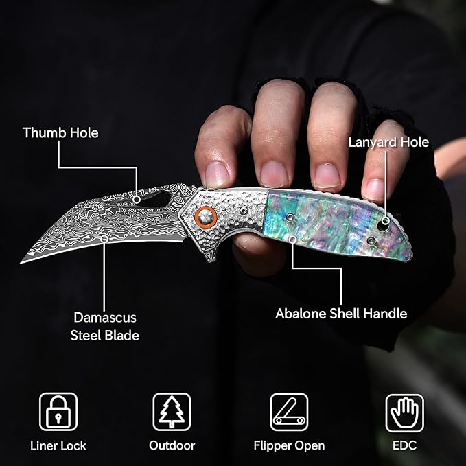 Damascus Pocket Knife for Women 2.95 Sharp Damascus Steel Blade Abalone Shell Handle EDC Folding Knives for Camping Hiking
