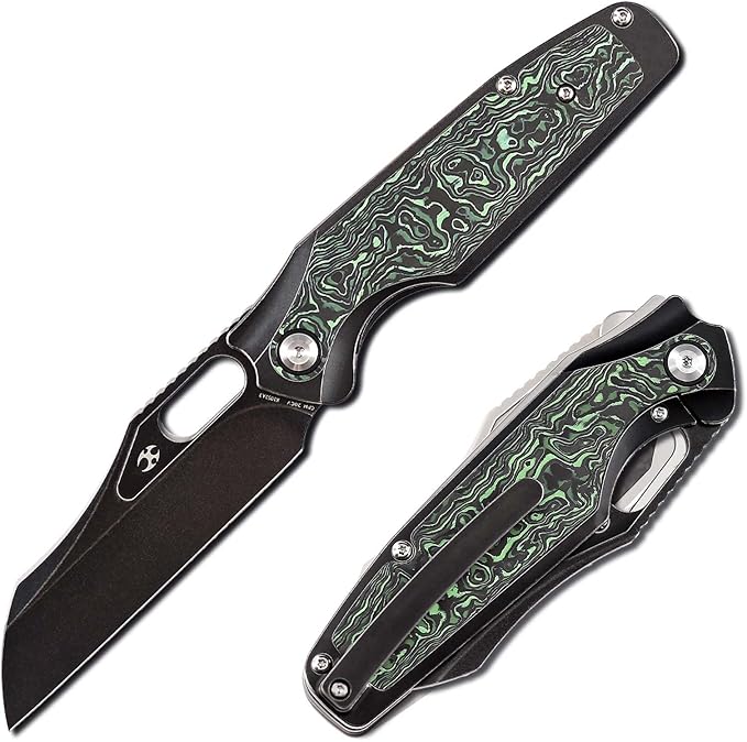 KANSEPT Tuckamore Camping Pocket Knives for Men 8.12in Folding Knives with 3.54in Stonewashed CPM 20CV Material and Titanium Green Carbon Fiber Handle for Outdoor Tactical Survival K1052A3