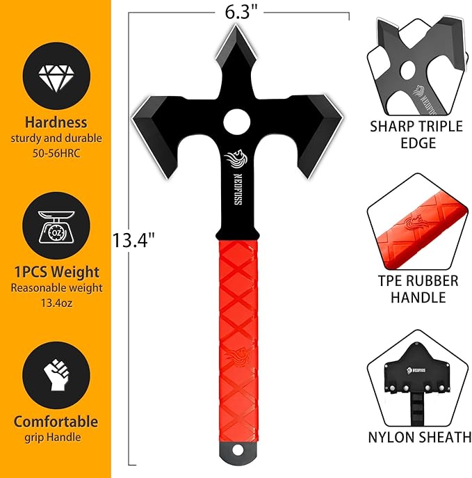 NedFoss Axe Throwing 11.9 Full Tang Triple Edge Throwing Axe with Sheath TPE Rubber Handle Axe Throwing Set 3 Axe for Throwing Gifts for Women Men