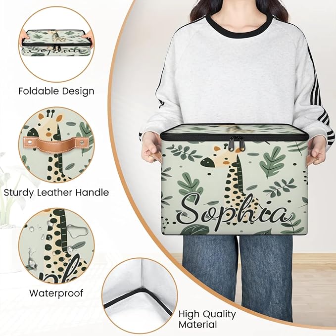 Custom Storage Basket with Name Personalized Storage Bins with Zipper Lid Foldable Fabric Storage Box Large capacity with Handle Giraffe Leaf