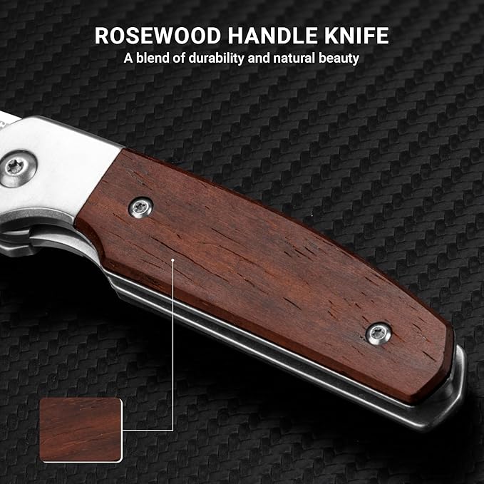 Small EDC Knife 2.8 Pocket Knife D2 Steel Point Blade Wood Handle - flipper Folding Knife for Men Women - Daily Carry Office Camping Hiking