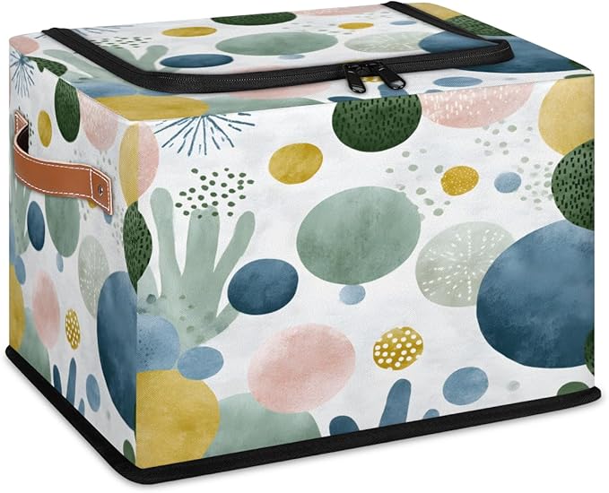 Boho Cacti Storage Bins with Lids Tropical Plant Collapsible Cube Storage Basket with Leather Handle Foldable Storage Box with Lids for Organizing Home Closet