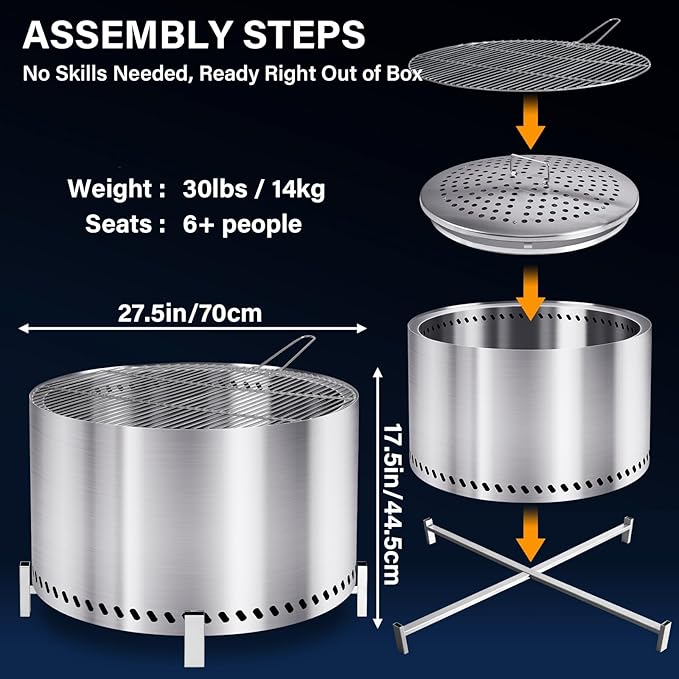 HGD 27.5 Smokeless Firepit with Stand &amp Grill Rack Large Stainless Steel Wood Burning Fire Pit for Friends &amp Family Gatherings Secondary Combustion Outdoor Patio Stove for Garden BBQ &amp