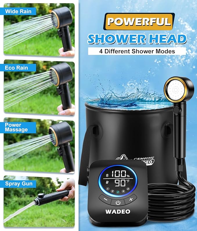 2026 Upgraded Portable Shower for Camping 8000mAh Rechargeable Camping Shower Pump with 5 Gal Foldable Bucket 5 Pressure Modes IPX8 Waterproof Outdoor Shower for Hiking Travel Car Pet Beach