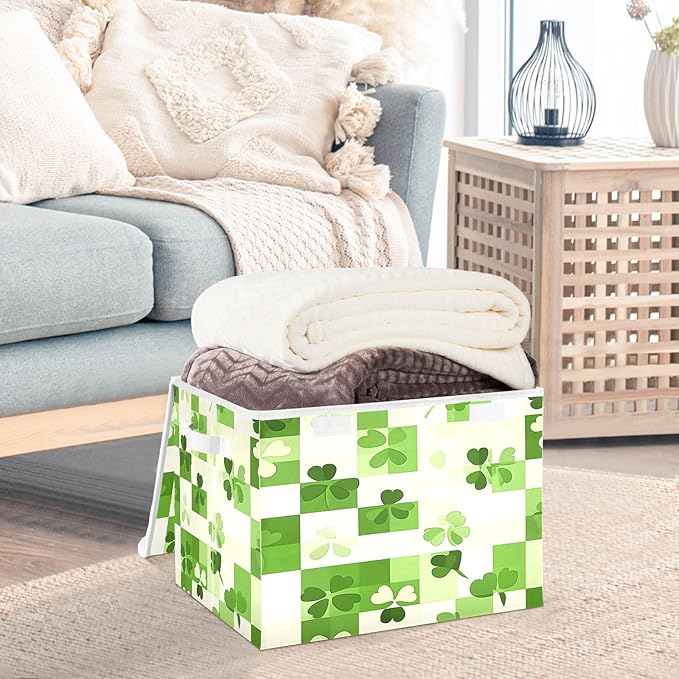 Clover Checkered Background Fabric Storage Bins with Lids and HandleFoldable Storage Bins with LidsCloset Organizers for Clothes Storage Room Organization Office Storage Chest Organizer