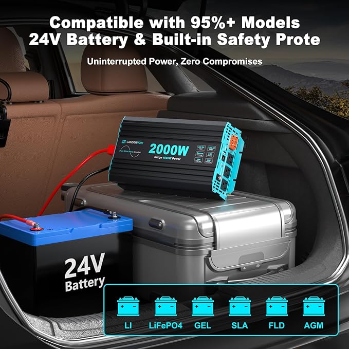 2000 Watt Pure Sine Wave Inverter 24V DC to 120V AC Inverters for RV Truck Solar Home Power Inverter with 3 AC Outlet 30W USB-C 5V 3.1A USB Hardwire Port Remote Control Surge 4000W