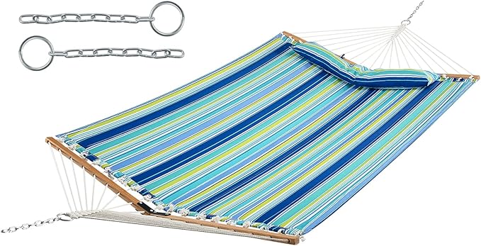 Goplus 10.5 FT Hammock Quilted 2 Person Hammock w/Detachable Pillow 330LBS Capacity Curved Hardwood Spreader BarQuick Dry Fabric Portable Paddled Hammock Swing for Patio Yard Porch Indoor Outdoor