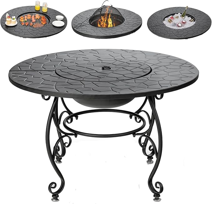 Giantex Fire Pit Table 4-in-1 Outdoor Dining Table 36 Inch Multifunctional Metal Round Patio Table Wood Burning Fire Pits with Cover Grill Grate Poker for Garden Poolside Backyard Fireplace