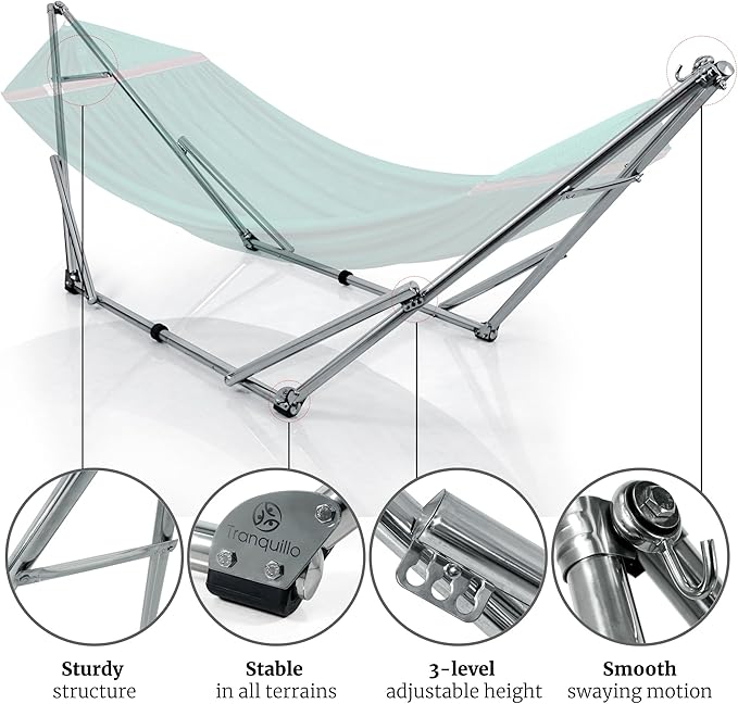 Tranquillo Adjustable Collapsible Hammock with Stand – Picnic Hammock Stand and 2 Layered Polyester Hammock Net for 2 Persons with Carry Bag Peacock