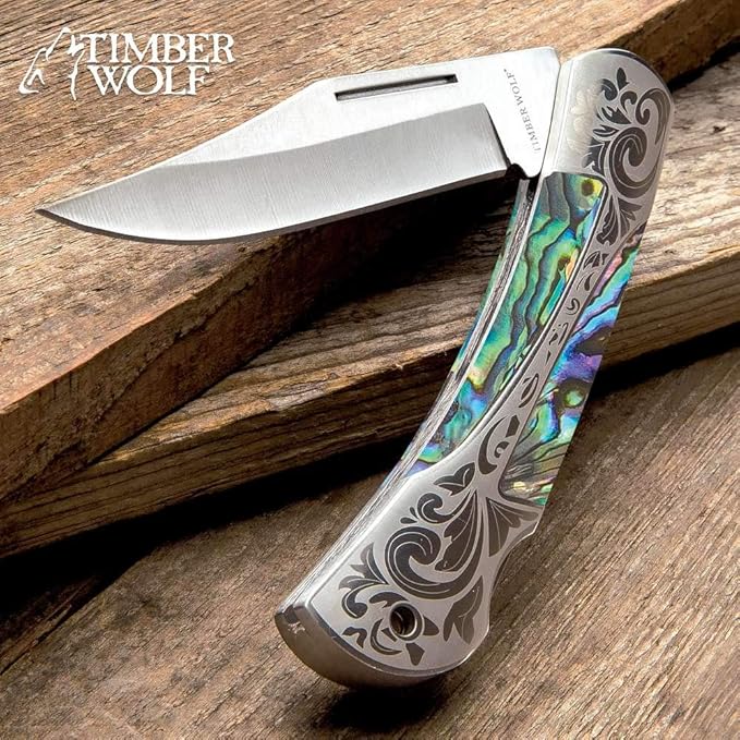 Timber Wolf Gentleman’s Genuine Pearl Pocket Knife | 3 1/4” Stainless Steel Clip Point Blade | Genuine Pearl Inlays | Nickel Silver Bolsters | Lockback Mechanism | 7 1/2 Overall Length