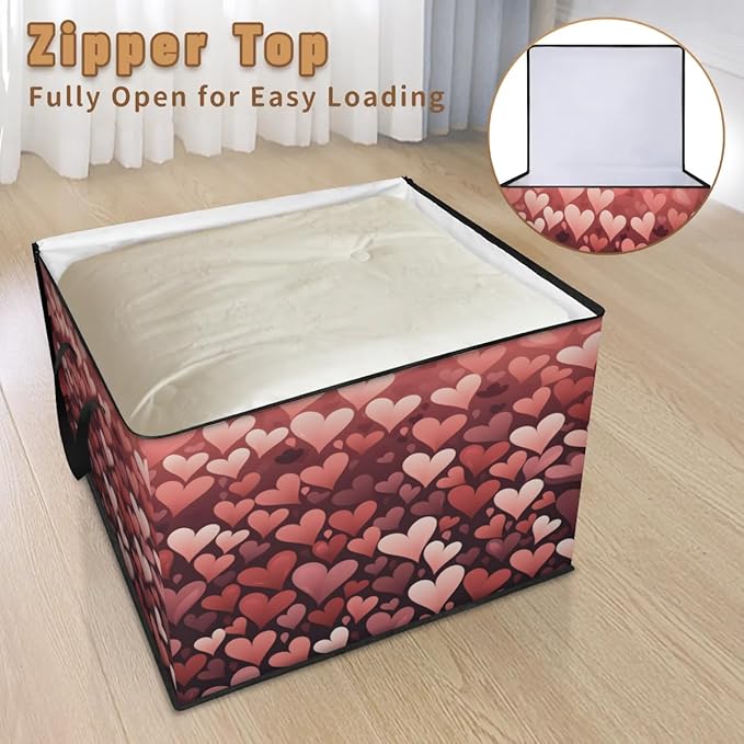 XL Large Clothes Storage with Lid Handle Valentine's Day Heart Large Thick Clothes Blanket Storage Containers for Organizing