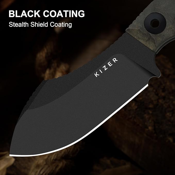 Kizer Rook Fixed Blade Knife 3.11 Nessmuk-style 10V Blade Hunting Knives with Gray Richlite® Handle Bushcraft Knife with Sheath &amp TekLok for Camping Hunting Survival 1090A1