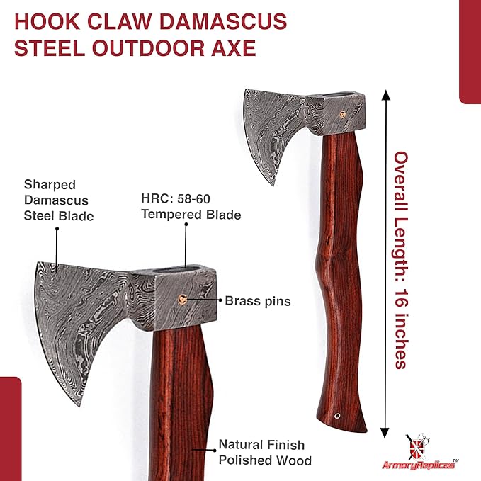 Armory Replicas™ Hook Claw Damascus Steel Functional Viking-Inspired Outdoor Axe with Sheesham Wood Handle &amp Leather Sheath – 16 Inches 1095/15N20 Steel 350+ Layers