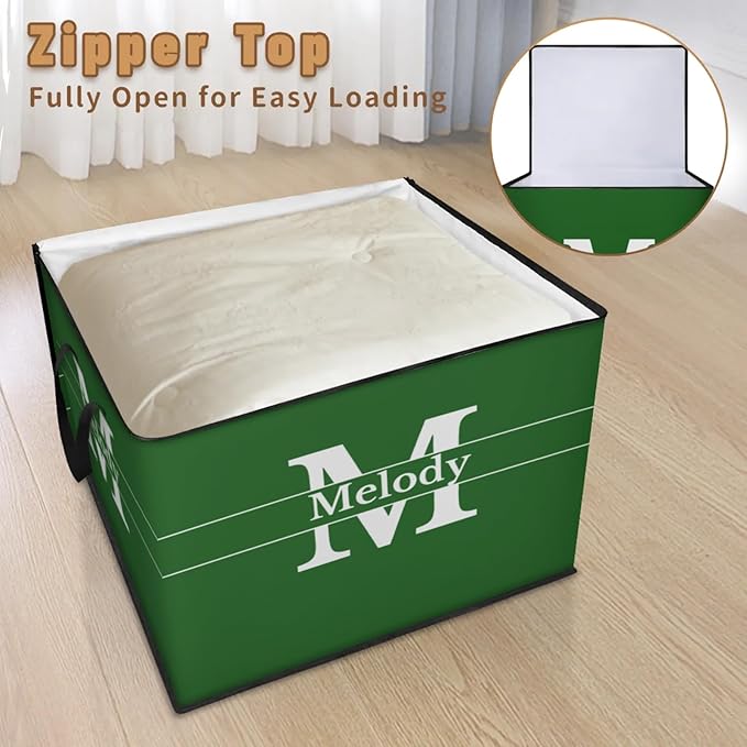 Personalized Storage Bags with Lid Large Blanket Clothes Organization and Storage Containers for ComfortersBedding Foldable Organizer with Reinforced Handle Forest Green with Initial Letter