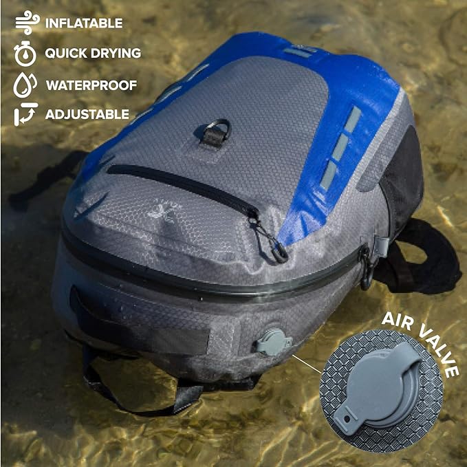 Submersipack Waterproof Backpack - Submersible Inflatable Floating TPU Coated Durable Nylon Dry Bag with Airtight Zipper for Kayak Fishing Boating Hiking Paddle Board (Deep Blue 25L)