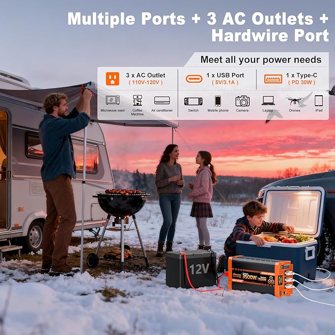 3500W Pure Sine Wave Inverter 12V DC to 110V/120V AC Power Inverter for Truck Semi Truck RV Off-Grid Solar Home Backup with 3 AC Outlets Dual LCD Display Remote Control Hardwire Port