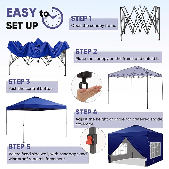 GDY 12x12 Pop Up Canopy Tent with 4 Sidewalls Easy Set up with One Push Lift Gazebo with Wheel Bag and4 SandbagsCarpas for Events PartiesCamping Navy Blue.