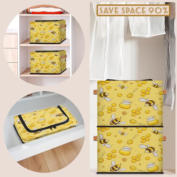 KOBLEN Animal Bee Pattern Storage Basket Collapsible Rectangular Storage Bins with Zipper Lid Handle Closet Shelf Cloth Organizer Basket for Nursery Bedroom Clothes Toy