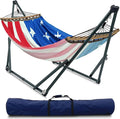 Tranquillo Sturdy Steel Hammock with Stand Premium Cotton Canvas Hammock 600 lbs Capacity Hammock Stand Folding Portable 30-Second Fold Unfold for Camping American Flag