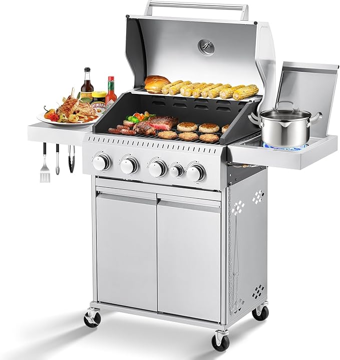 MELLCOM Stainless Steel 4 Burner BBQ Propane Gas Grill with Cast Iron Grates &amp Side Stove Stainless Steel 44000 BTU Burner Barbecue Grill for PatioCamping Outdoor Cooking