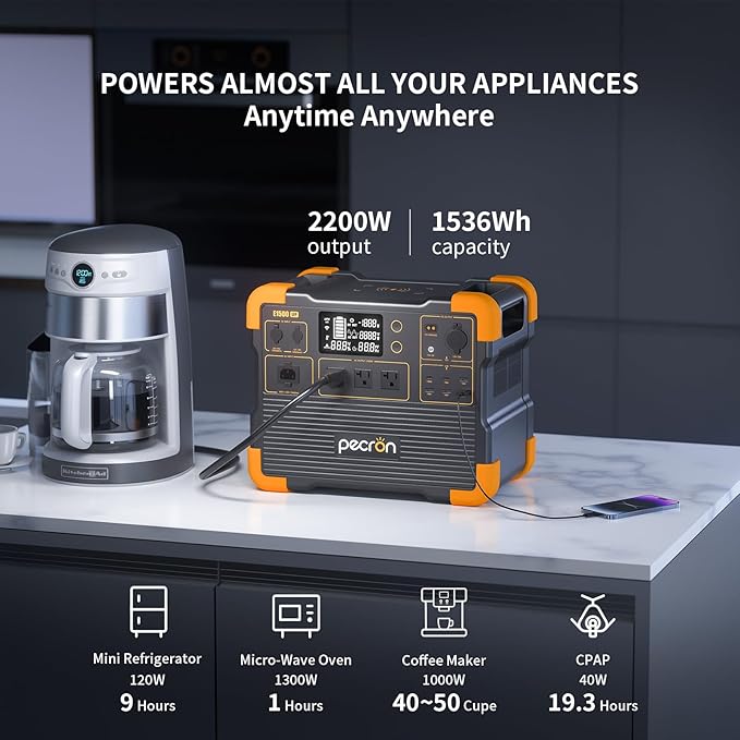 pecron Portable Power Station E1500LFP Solar Generator 1536Wh 2200W LiFePO4 Battery Backup Fast Charging Power Station for Home use RV and Outdoor Camping
