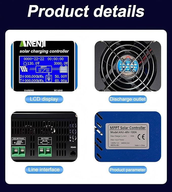 ANENJI 100A MPPT Solar Charge Controller 12V/24V/48V Auto Max Input 150V 96.5% High Efficiency LCD Display 4800W for Solar Panel Intelligent Regulator for Lithium/Lead-Acid Battery
