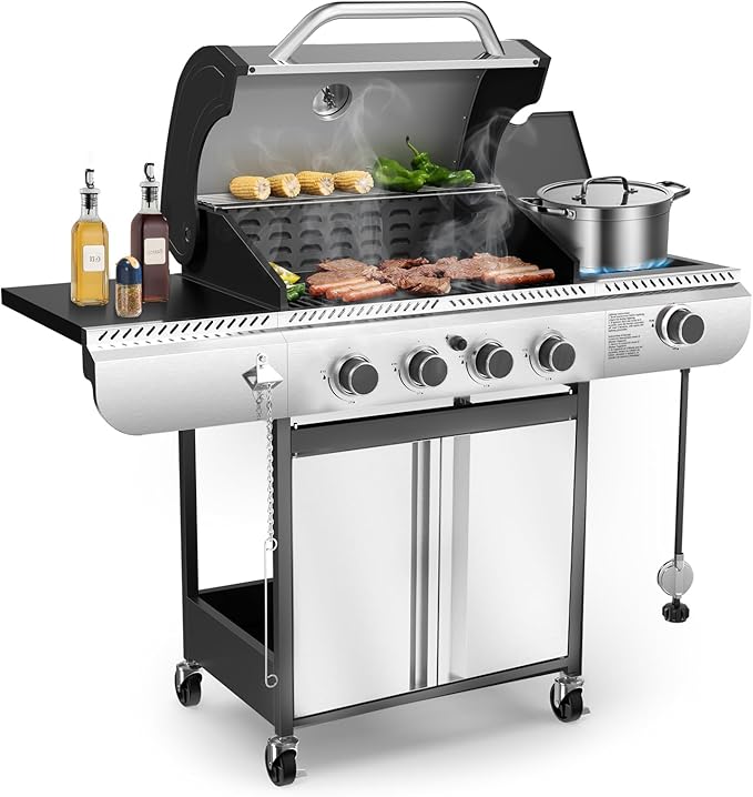 Electactic G41 Gas Grill4-Burner Gas BBQ Grill with Side Burner Porcelain-Enameled Grills 42000 BTU Stainless Steel Propane Grill for Outdoor Cooking and Patio Barbecues