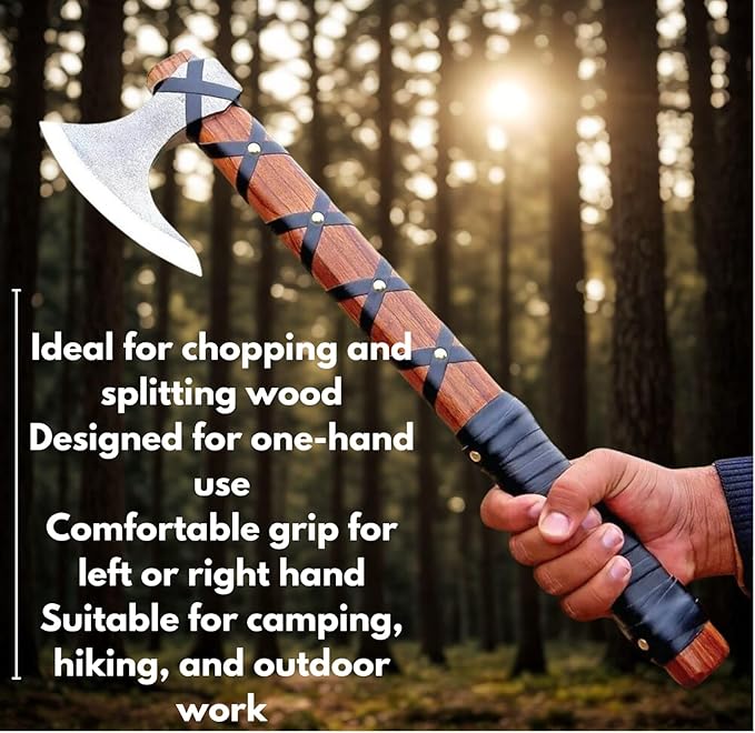 Viking Axe of Ragnar Lothbrok - Hand-Forged High Carbon Steel Sharp Blade with Rosewood Handle and Leather Sheath | Handmade Norse Bearded Axe for Hunting Camping | Vikings Hatchet Outdoor Axe