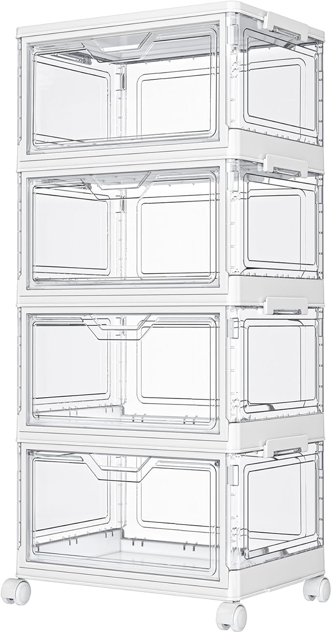 Kmiectse Clear Storage Bins with Lids4 Tier Plastic Bins with WheelsStackable Storage BinCloset Organizers Box for BedroomLiving RoomToy23 QT Folding Box with Magnetic door