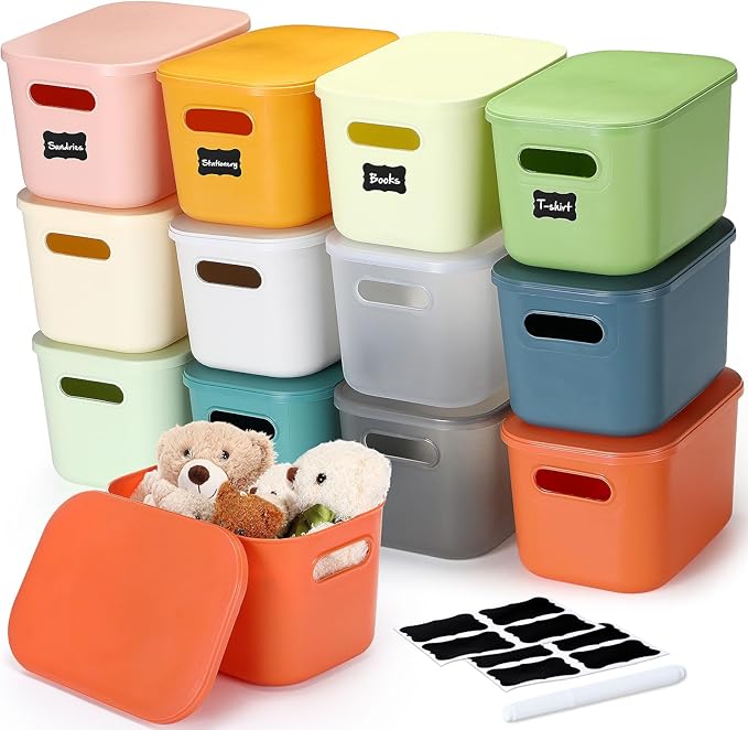 Thyle 12 Pack 7 Quarts Plastic Storage Bins Stackable Baskets with Lid and Handle with Label Colorful Desktop Box Toy Containers for Classroom Shelf Bedroom 10 x 7 x 6 Inch (Classic Color)