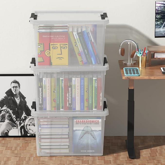 Sandmovie 40 Quart Clear Large Plastic Storage Bin Latching Storage Box with Lids and Wheels Pack of 4