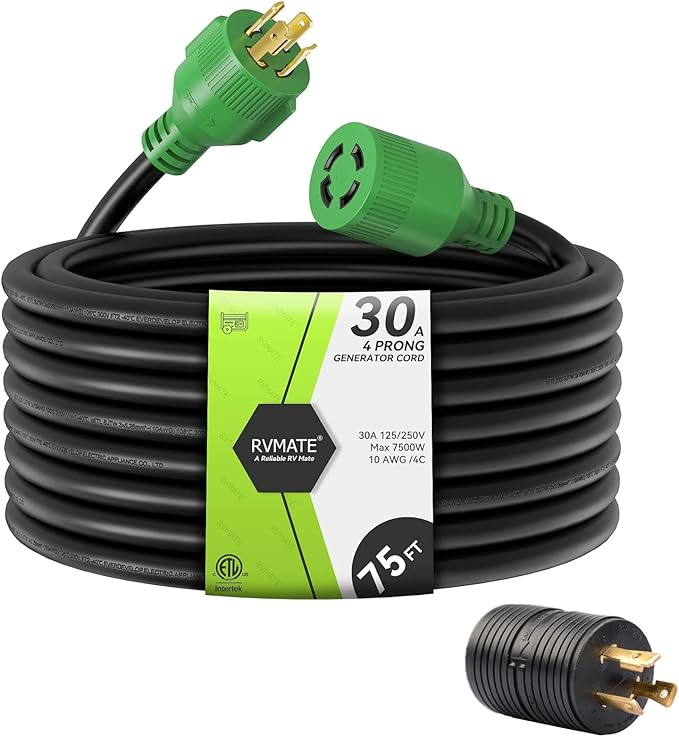 RVMATE 30 Amp Generator Cord 4 Prong 75 Feet NEMA L14-30P/L14-30R 125/250V Up to 7500W 10 Gauge SJTW Generator Extension Cord ETL Listed