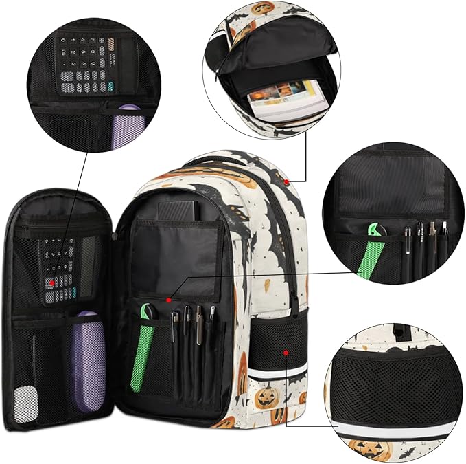QsirBC Pumpkin Lights Bat Point Leaf Multi Compartment Backpack with Reflective Strips Adjustable Padded Straps Large Capacity Waterproof Duffel Bag for Men Women Work and Daily Use
