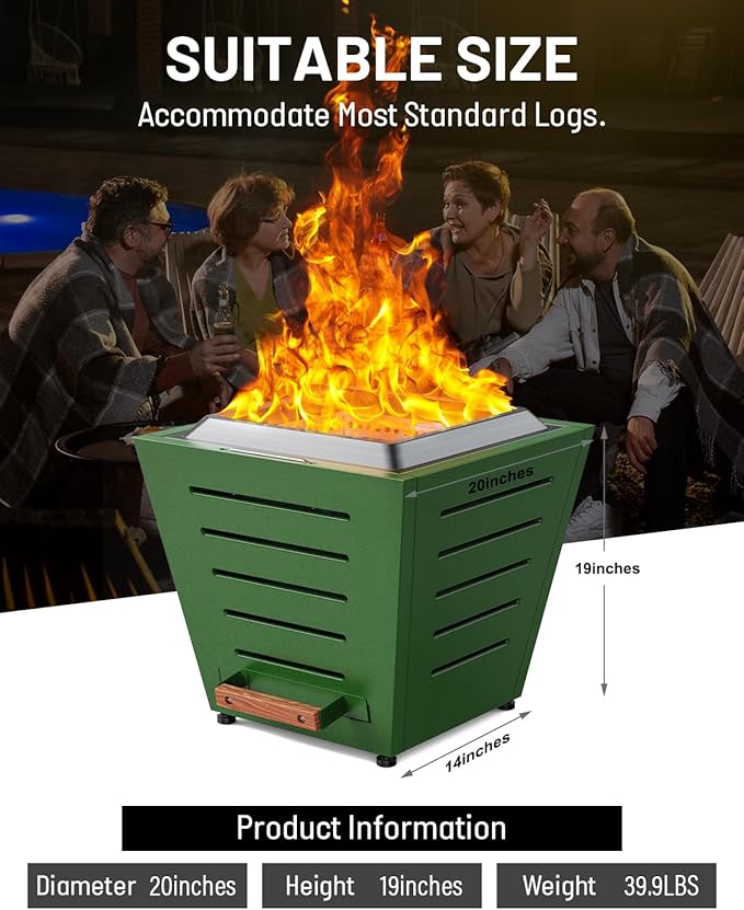 20 Inch Smokeless Fire Pit Stainless Steel Wood Burning Fireplace Portable Outdoor Fire Pit Patio Smokeless Firepit with Pull-Out Ash Tray and Handles Green